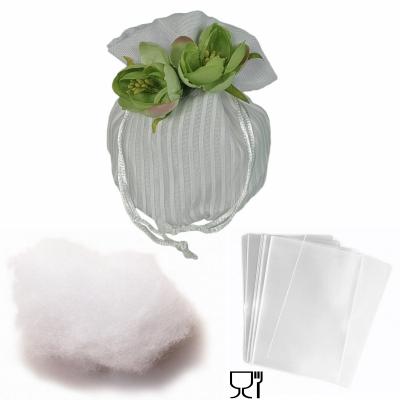 SACCHETTO IN TESSUTO CON TIRANTE E DECORAZIONE 6X10 CM - 20 PEZZI - 2 CONFETTATE GRANDI E 3 CONFETTATE PICCOLE COMPLETO DI OVATTA E  BUSTINE - MADE IN ITALY